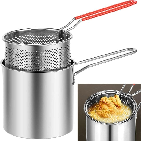 Stainless Steel Deep Fryer Pot with Strainer – Heavy-Duty 1200ml Oil Capacity Frying Pan for Home Kitchen