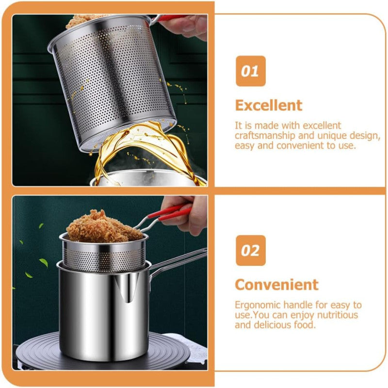Stainless Steel Deep Fryer Pot with Strainer – Heavy-Duty 1200ml Oil Capacity Frying Pan for Home Kitchen