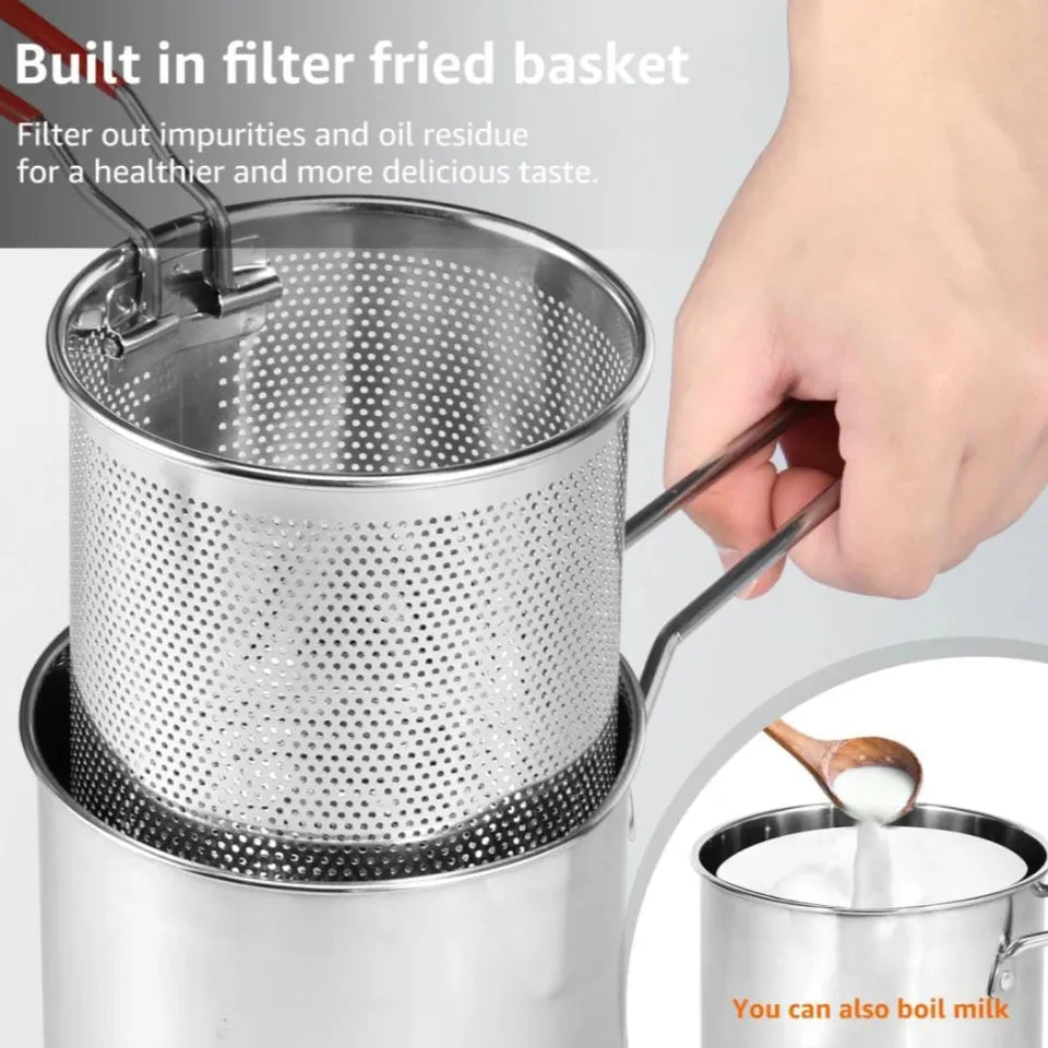 Stainless Steel Deep Fryer Pot with Strainer – Heavy-Duty 1200ml Oil Capacity Frying Pan for Home Kitchen