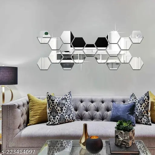 Hexagon Shape Acrylic Mirror Wall Stickers (19 Pc Set)