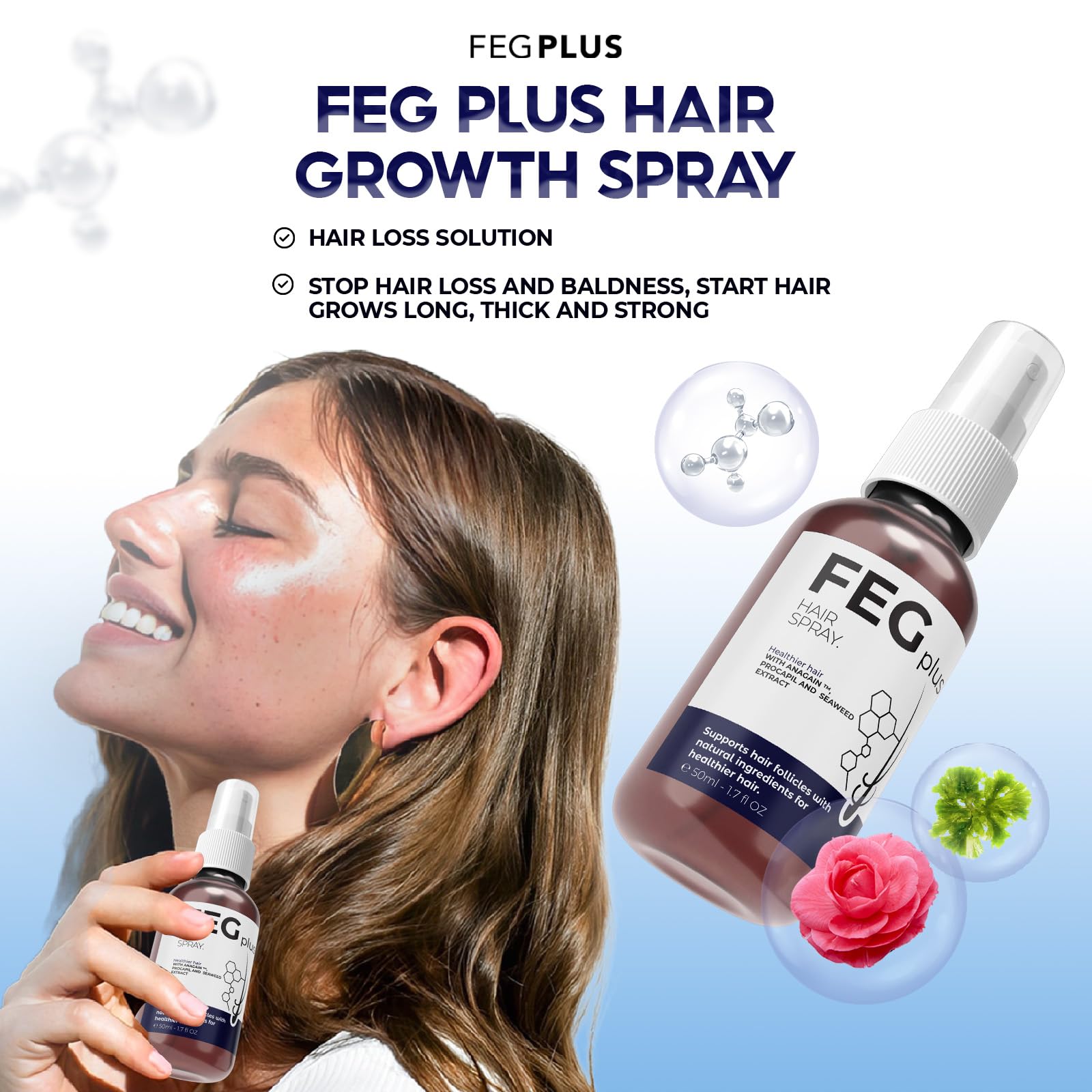 Feg Plus Hair & Beard Growth Serum Spray 50ml – 5% Minoxidil with Seaweed, Rosemary, Redensyl & Anagain for Hair Regrowth & Anti-Hair Loss