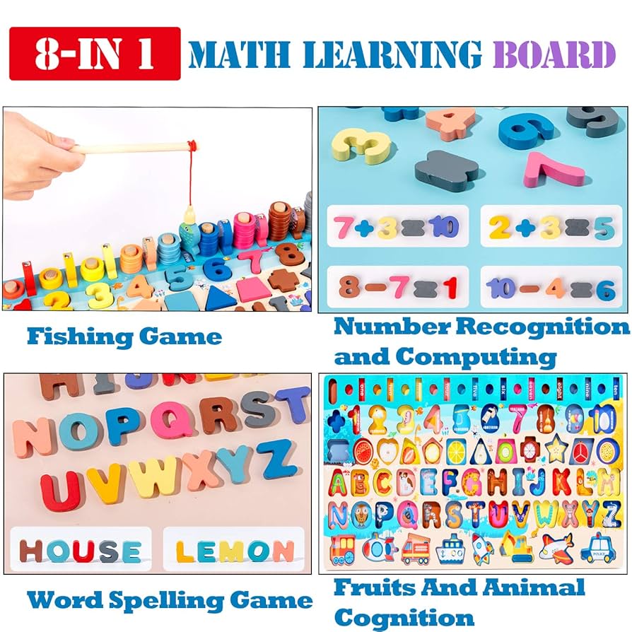 Wooden Puzzle Sorting Learning Board Toys | Abc, Numbers, Shapes, Abacus, Fish Picking Activity And Animals | Preschool Education Montessori Toys