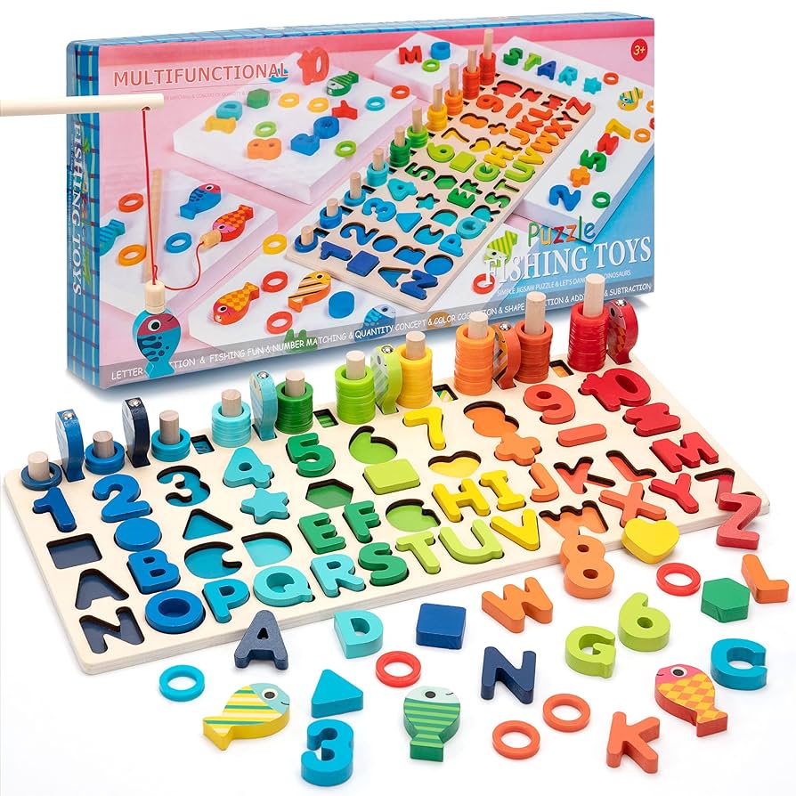 Wooden Puzzle Sorting Learning Board Toys | Abc, Numbers, Shapes, Abacus, Fish Picking Activity And Animals | Preschool Education Montessori Toys
